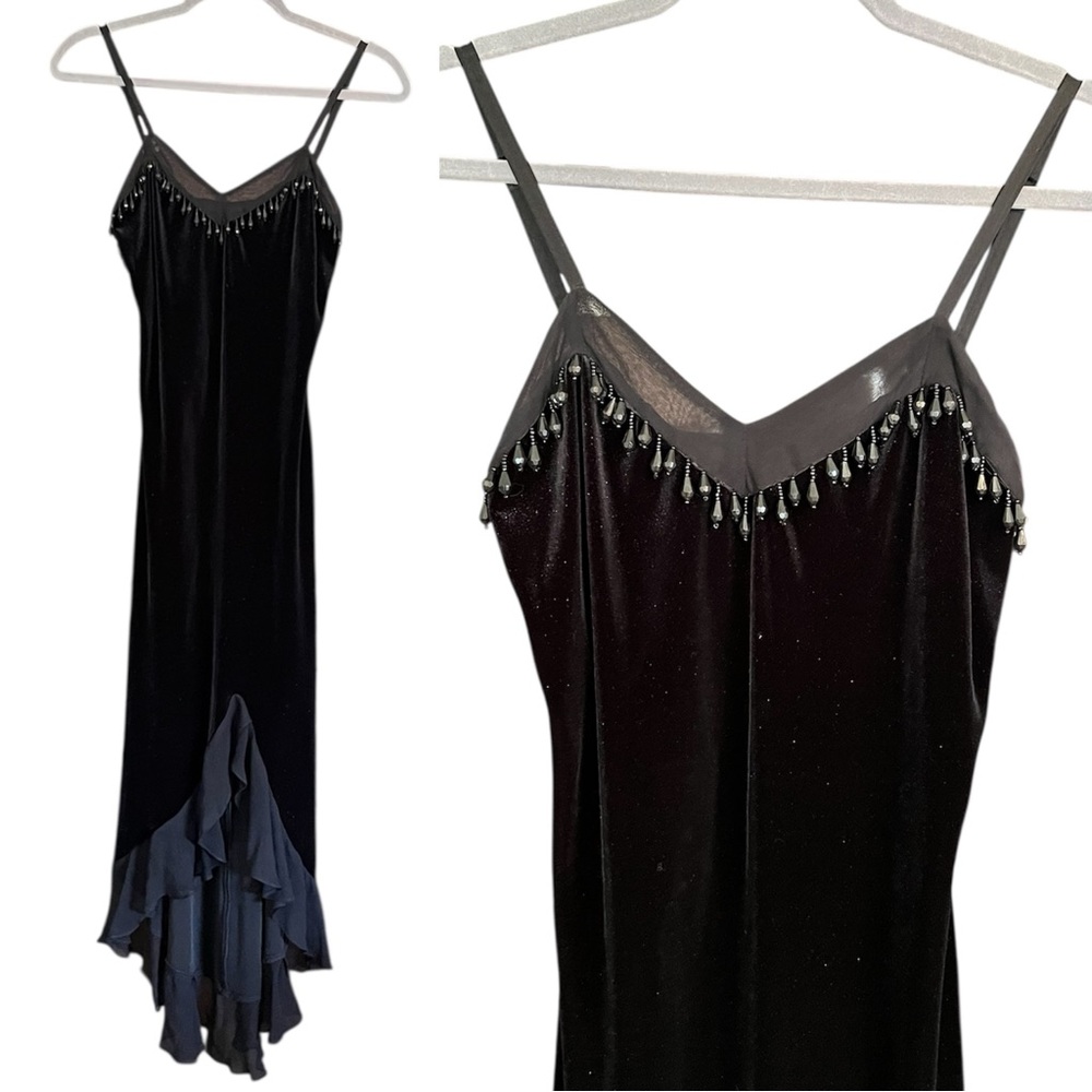 Vintage Betsey Johnson New York Velvet Sheer Mesh Beaded Noisemaker Slip Dress